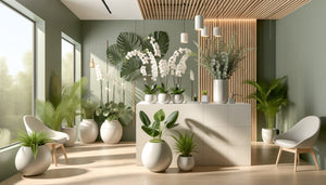 Salle d'attente dermatologique moderne apaisante avec eucalyptus, fougères, fleurs blanches et éléments zen japonais