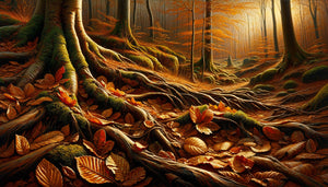 Peinture détaillée à l'huile style Théodore Rousseau montrant textures du sol forestier automnal, technique Barbizon 19ème siècle
