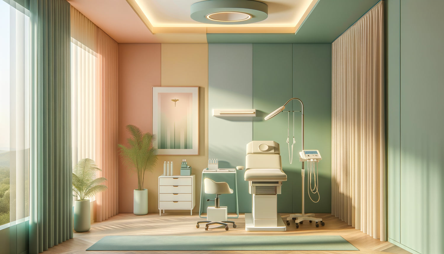 Salle médicale moderne aux couleurs apaisantes selon la théorie de Goethe, dégradés bleu-vert et pêche créant atmosphère thérapeutique