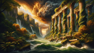 Paysage allégorique romantique style Thomas Cole montrant ruines classiques envahies par nature sauvage, Hudson River School 1830s