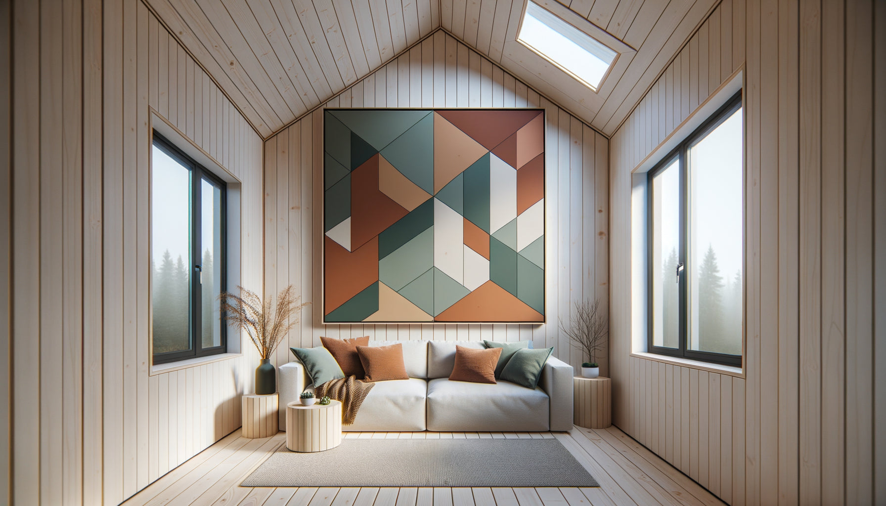 Intérieur de tiny house moderne avec un seul grand tableau abstrait au-dessus du canapé créant un point focal stratégique
