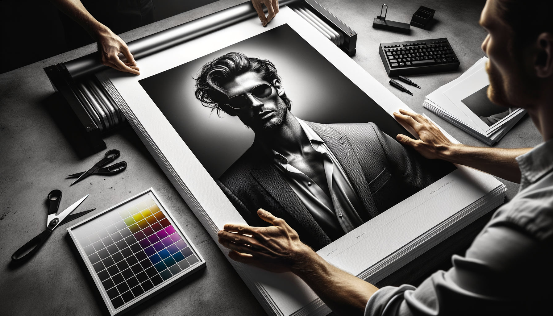 Tirage photographique fashion contrasté sur papier Fine Art épais démontrant l'opacité totale et la profondeur des noirs