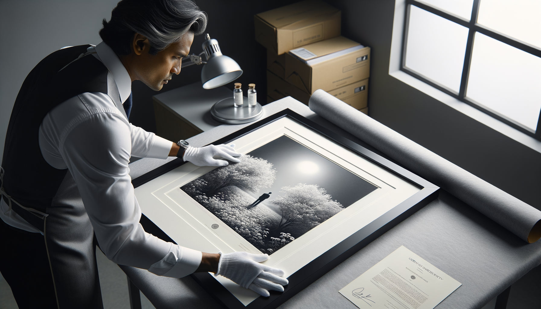 Tirage photographique d'art en édition limitée examiné avec précaution, montrant signature et numérotation d'authenticité