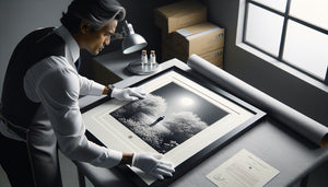 Tirage photographique d'art en édition limitée examiné avec précaution, montrant signature et numérotation d'authenticité