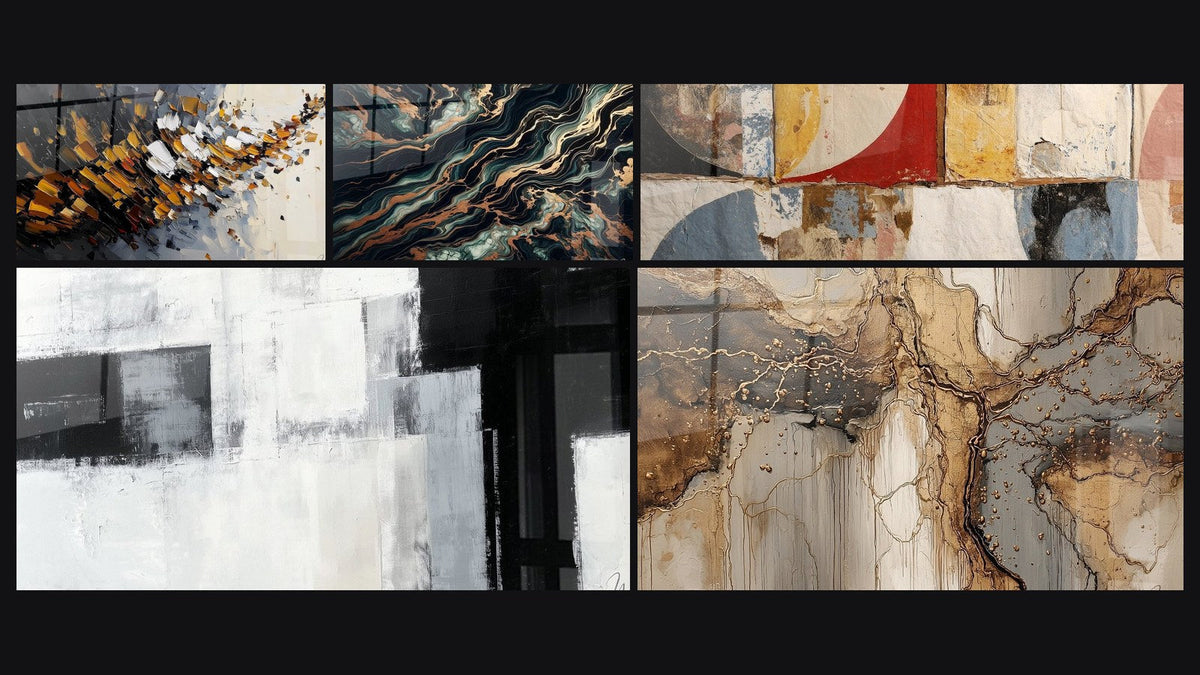Mosaic of five paintings, including Dynamic explosion, Aurifer Flow and Abstract Geometric Shapes