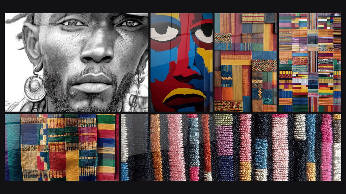 Mosaic of six paintings, including Colorful Textile, Multicolor Weave and Textile Patchwork