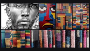 Mozaïek van zes schilderijen, waaronder Portret Stoïsche vastberadenheid en Patchwork textiel