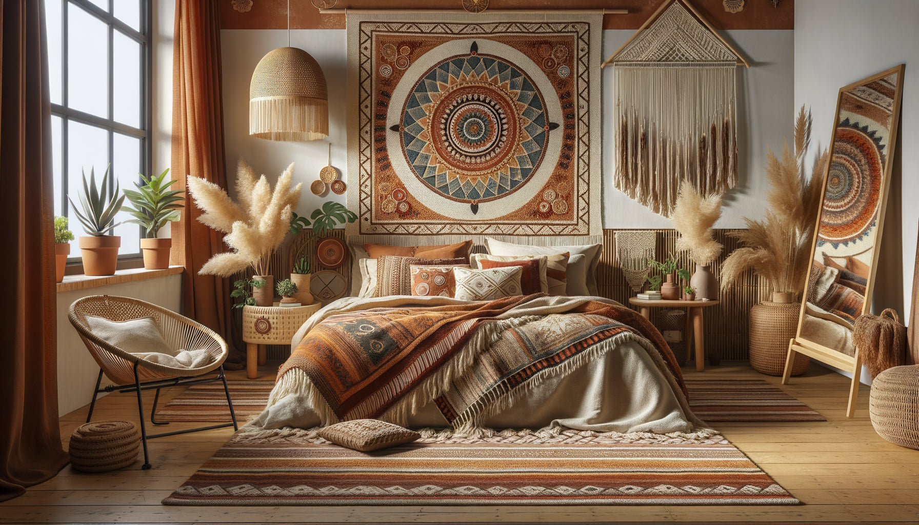 Chambre Airbnb bohème avec grand tissu mural décoratif aux motifs mandala et macramé dans des tons terre