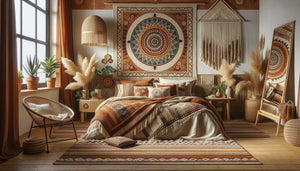 Chambre Airbnb bohème avec grand tissu mural décoratif aux motifs mandala et macramé dans des tons terre