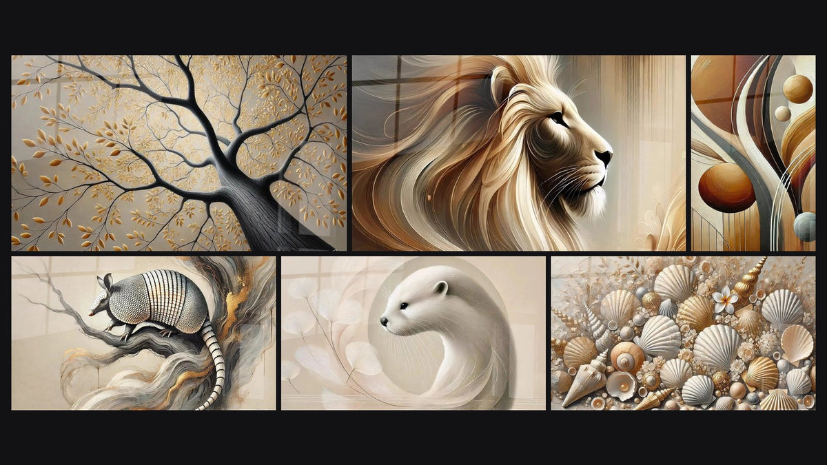 Mosaïque de six tableaux, dont Racines du Ciel, L'Armure des Arbres et Tourbillon de Vie