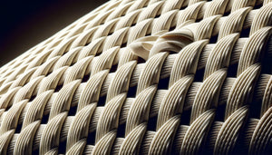 Photographie macro de la texture d'une toile polycoton ratio 65/35 montrant l'entrelacement détaillé des fibres polyester et coton