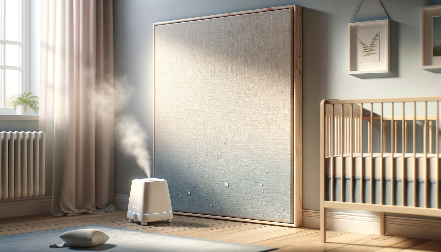 Toile pré-tendue sur châssis dans une chambre de bébé avec humidificateur, illustrant la résistance à l'humidité