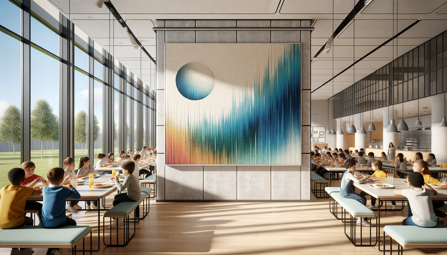 Tableau sur toile renforcée acoustique installé dans une cantine scolaire moderne avec enfants en arrière-plan