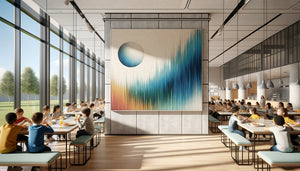Tableau sur toile renforcée acoustique installé dans une cantine scolaire moderne avec enfants en arrière-plan