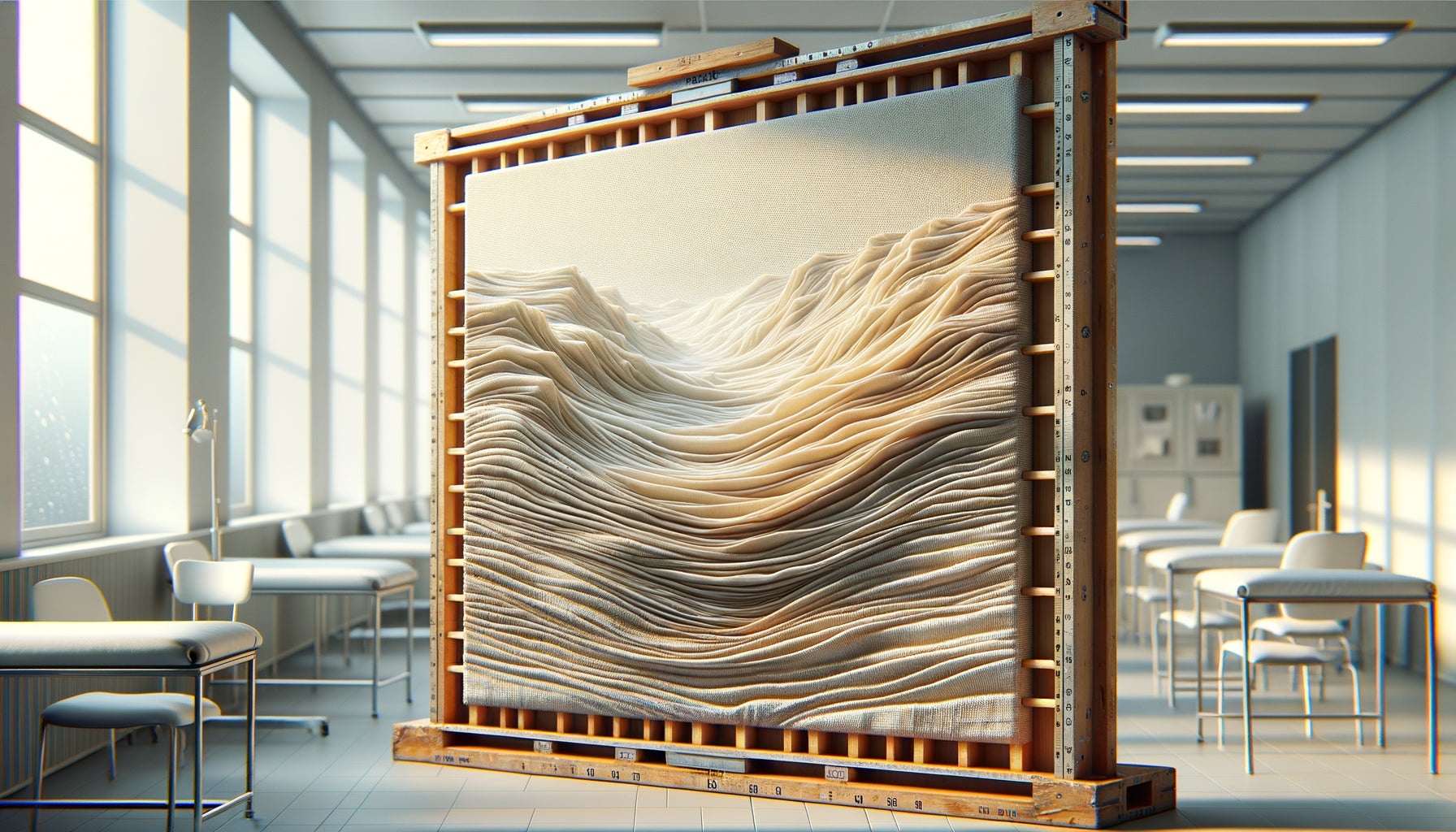 Toile tendue déformée par l'humidité dans un cabinet médical, détails des ondulations visibles