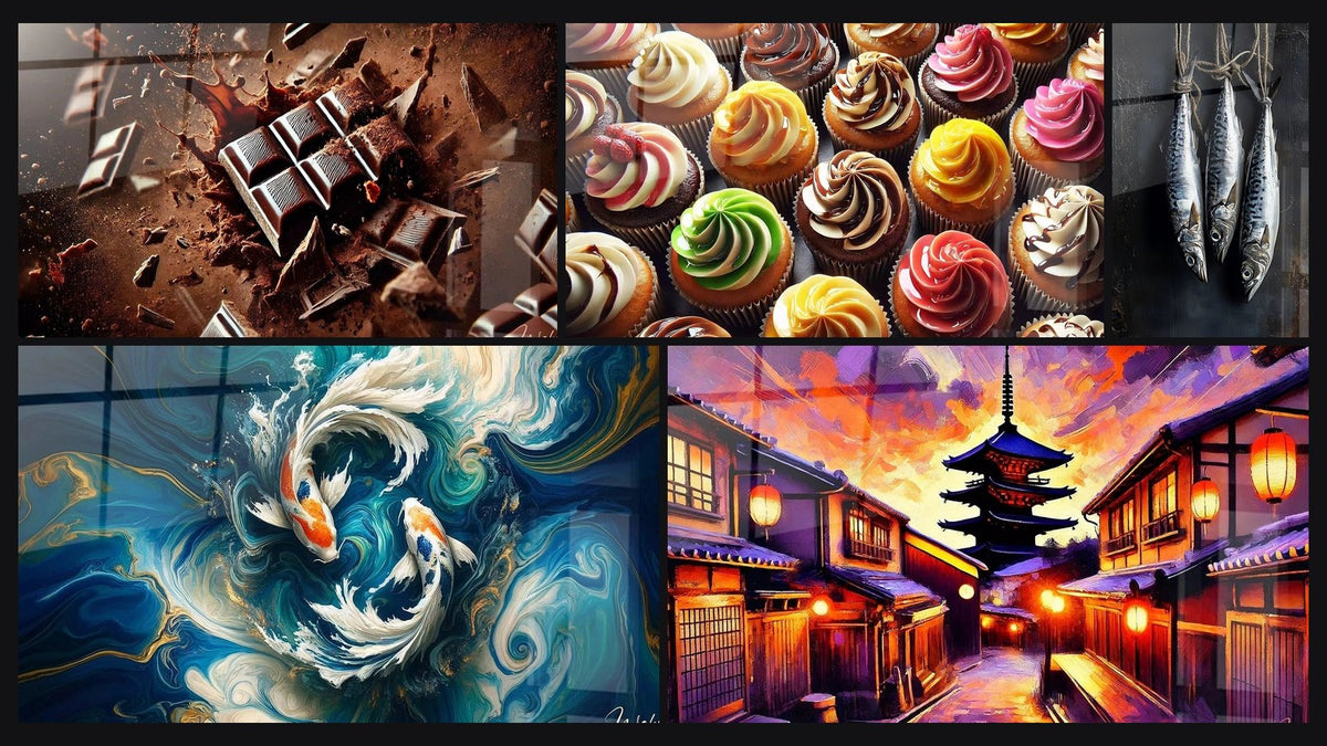 Mosaico de cinco cuadros, entre ellos Fracas de Chocolate, Delicias Coloridas y Danza de los Koi