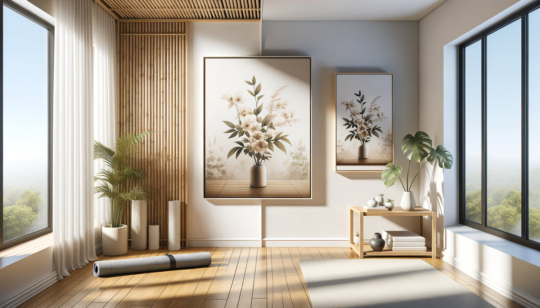 Comparaison visuelle entre toile tendue et tableau encadré dans un studio de yoga épuré et lumineux