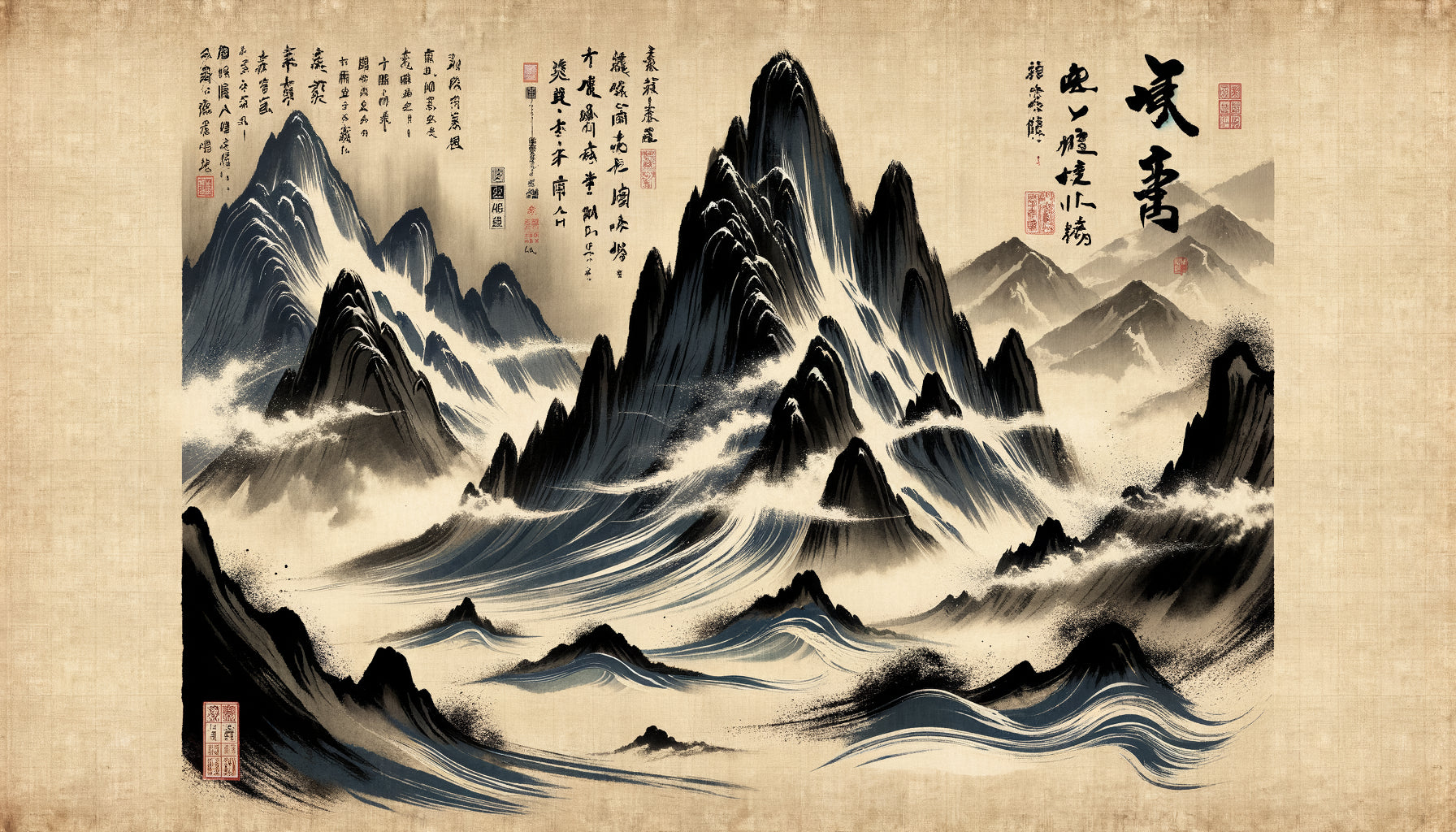 Peinture zen à l'encre de Tomioka Tessai, style bunjinga énergique période Meiji, montagnes et calligraphie dynamique