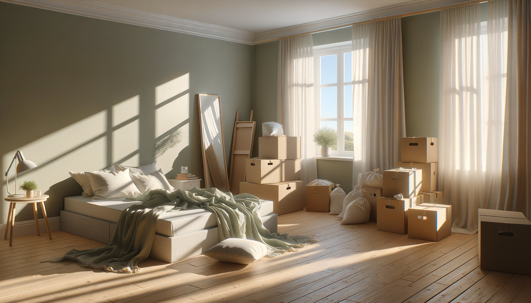 Chambre aux tons apaisants beige et vert sauge lors d'un déménagement avec cartons et lumière naturelle douce