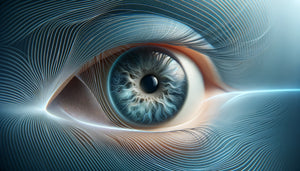 Gros plan d'un œil humain entouré de douces ondes lumineuses bleu-gris illustrant l'apaisement de la rétine