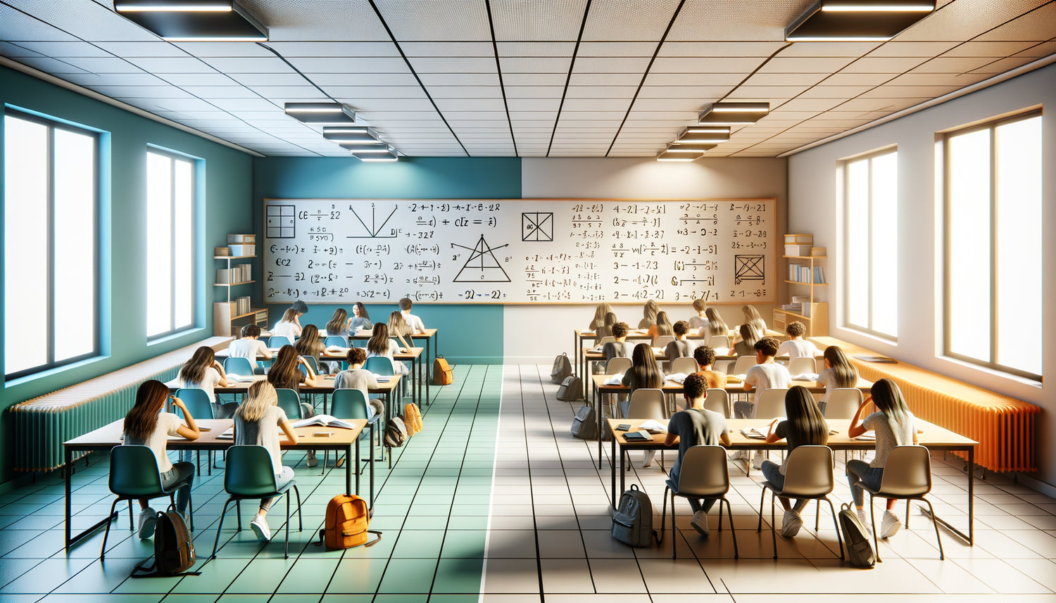 Classe de mathématiques moderne comparant tons pastel bleu glacier et vert sauge avec couleurs vives pour la concentration