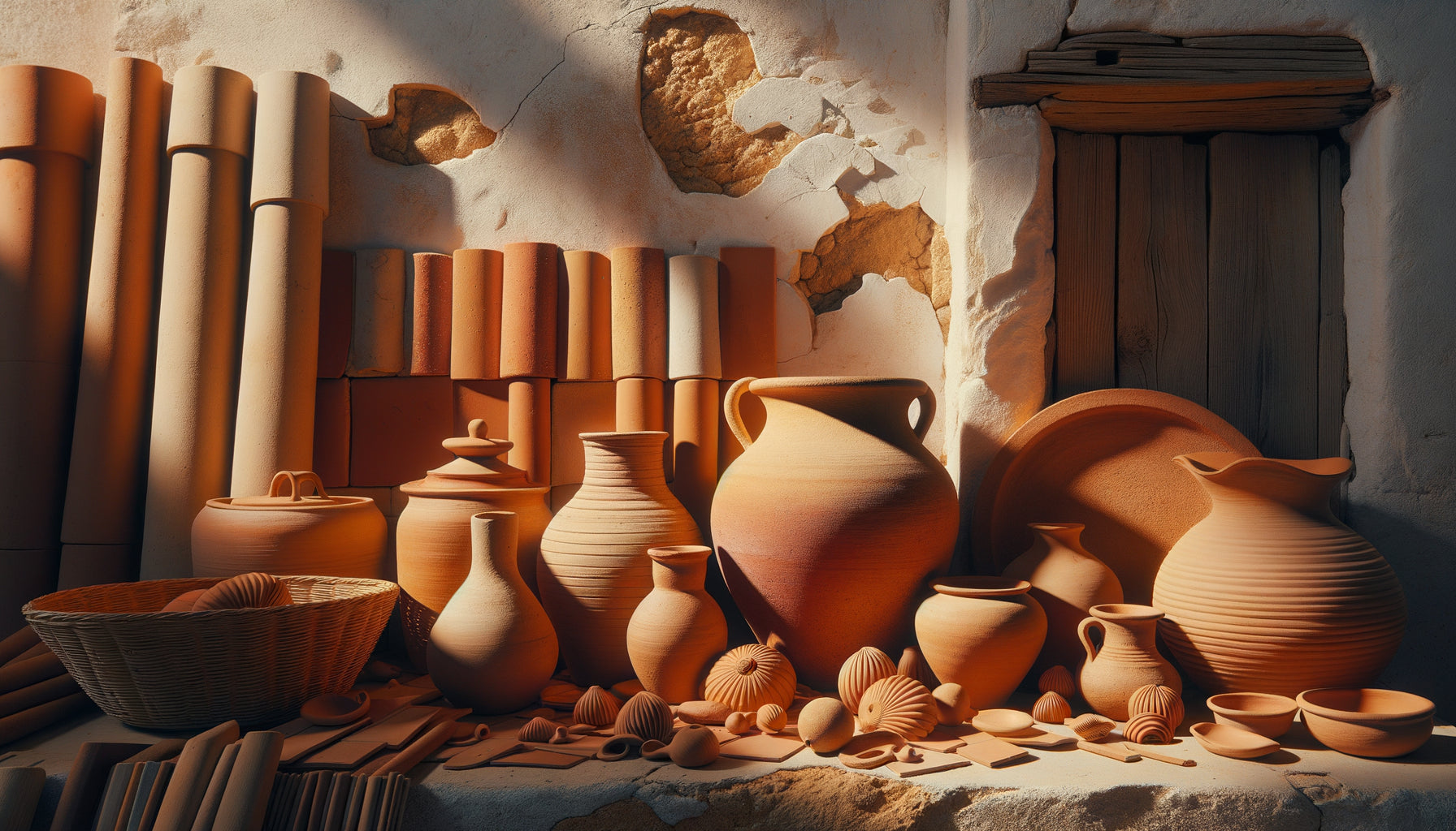 Poteries et tuiles méditerranéennes en terre cuite authentique baignées de lumière dorée chaude