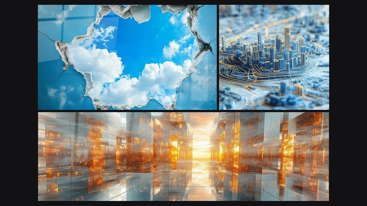 Mosaik aus drei Gemälden: Himmel Himmelfenster, Metropole Kupferseele und Stadt Stahltraum Blau
