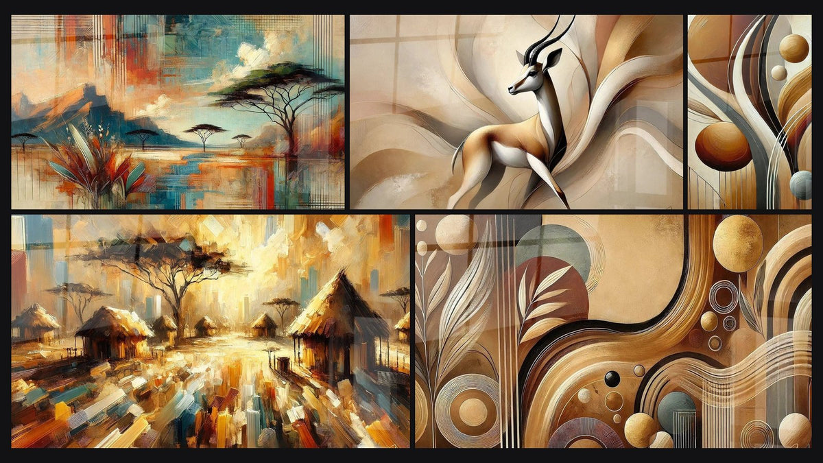Mosaico di cinque quadri, tra cui Risveglio delle Pianure, Calore di una Terra Antica e Grazie della Terra