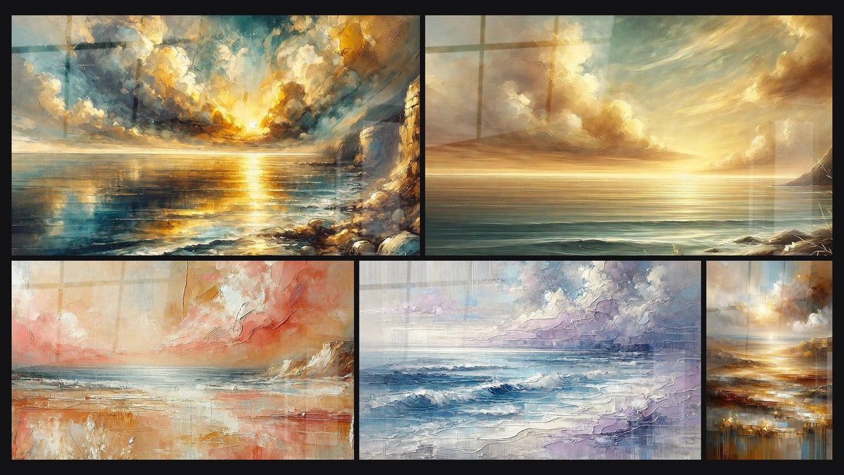 Mosaico di cinque quadri, tra cui Crepuscolo Dorato, Dolcezza d'Ambra e Dolcezza del Tramonto