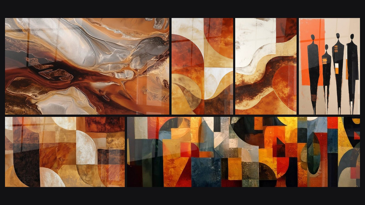 Mosaico de seis cuadros, entre ellos Torbellinos Ocre y Tierra de Siena y Formas Geométricas Ocre y Tierra Brulada
