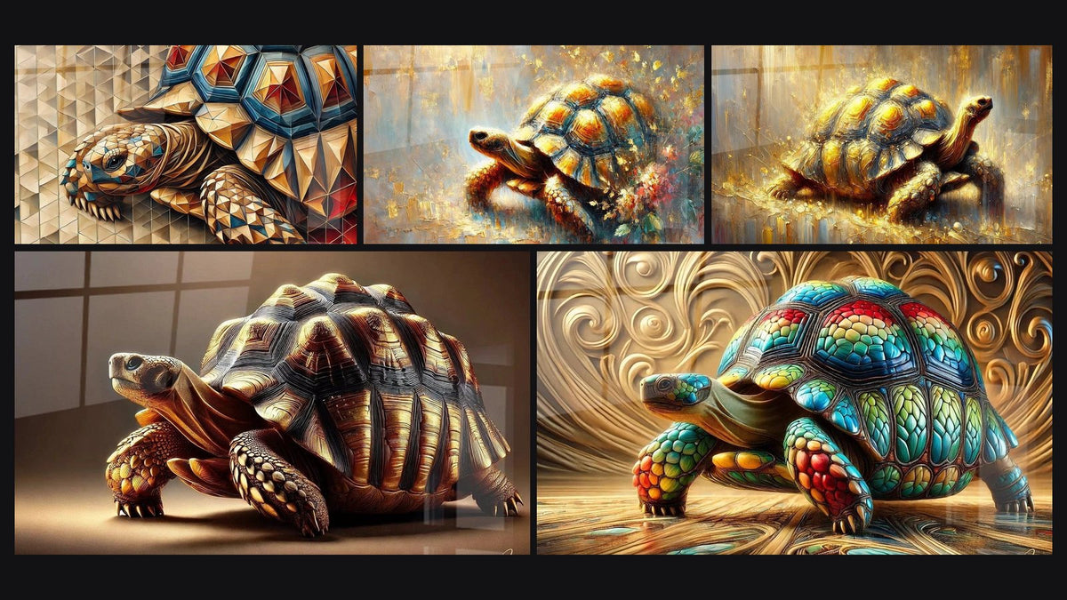 Mosaïque de cinq tableaux, dont La tortue impériale, La majesté dorée et La carapace d'or