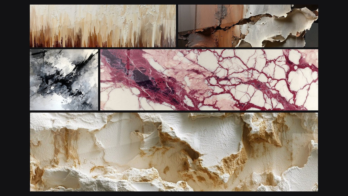 Mosaic of five paintings, including Eroded White Texture with Sculpted Reliefs and Purple Veins and Cream on Ecru Background