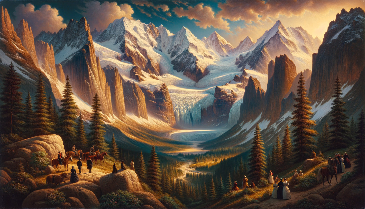 Peinture romantique alpine du XIXe siècle montrant des sommets majestueux avec voyageurs en costume d'époque admirant la vue sublime