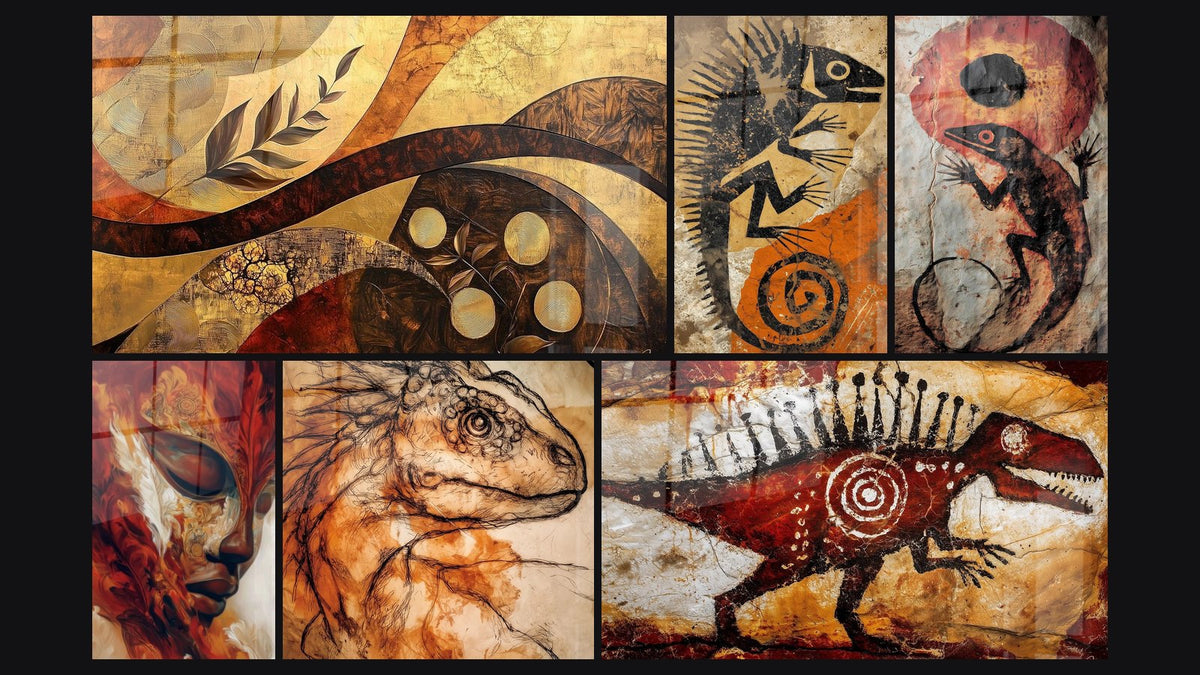 Mosaïque de six tableaux, dont Africain Harmonie safran, Visage masqué Messager des dieux et Iguane préhistorique