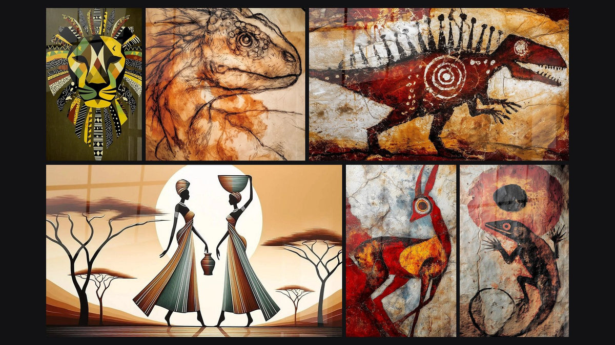 Mosaico di sei quadri, tra cui Guida agli Animali del Leone di, Grazie della Savana e Tavolozza di antilope rossa stilizzata