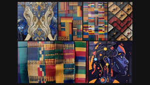 Mozaïek van zes schilderijen, waaronder Tafereel Olifant Tribale Tatoeage, Afrikaanse droomweefster en Patchwork textiel