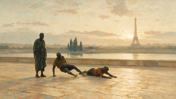 Trois silhouettes sculptées, l'une allongée, l'autre se redressant, la dernière debout, sur une esplanade face à la tour Eiffel à l'aube.
