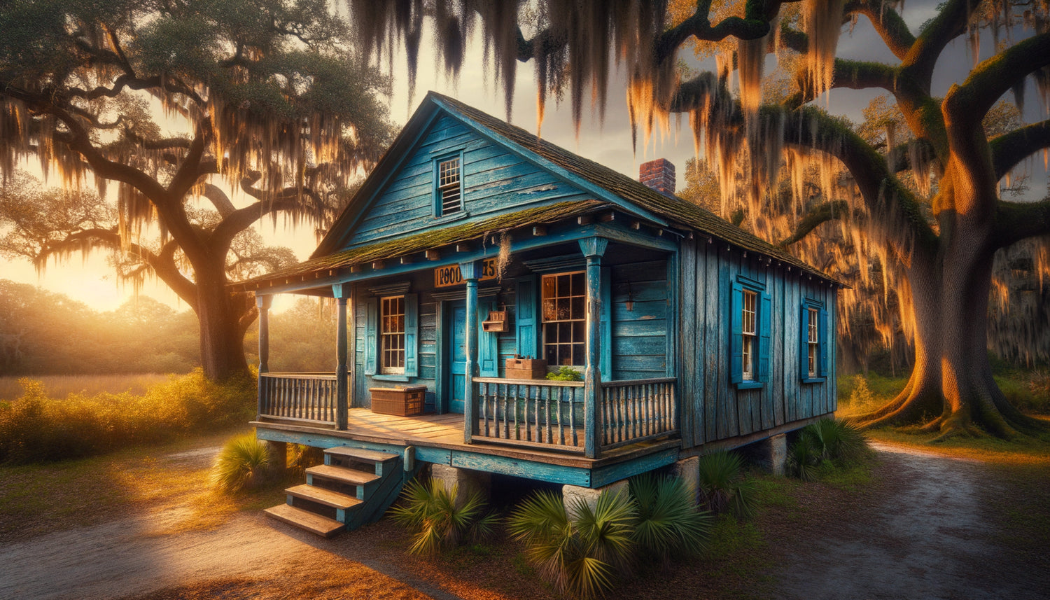 Maison traditionnelle Gullah avec porte peinte en bleu indigo, architecture vernaculaire du Sud américain, préservation des traditions afro-américaines
