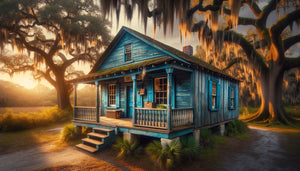 Maison traditionnelle Gullah avec porte peinte en bleu indigo, architecture vernaculaire du Sud américain, préservation des traditions afro-américaines