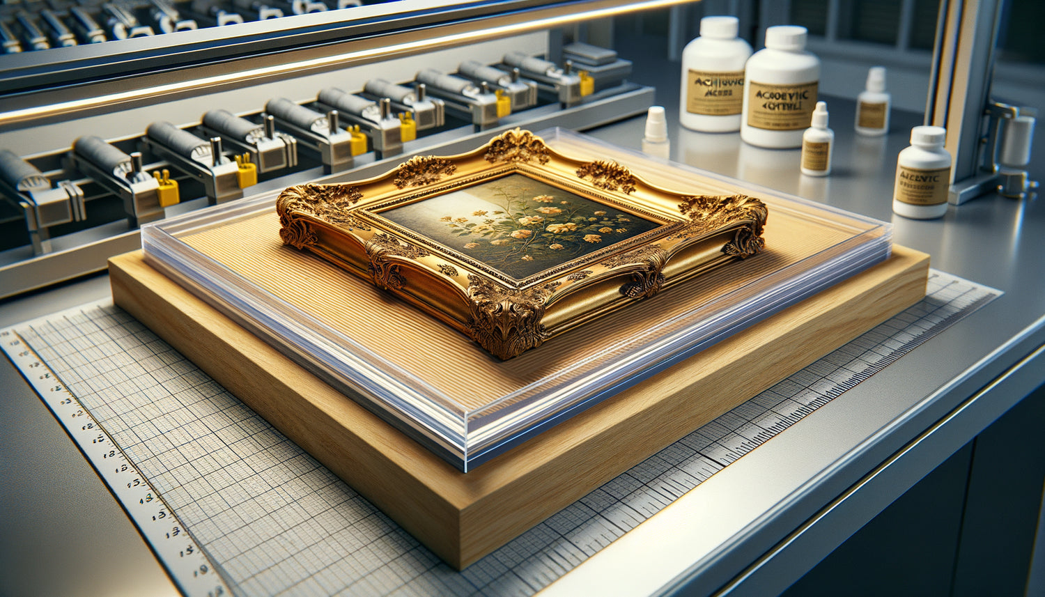 Étagère avec barrière acrylique de conservation protégeant un cadre doré ancien, photographie technique de préservation patrimoniale