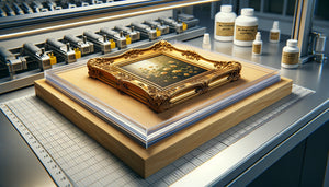 Étagère avec barrière acrylique de conservation protégeant un cadre doré ancien, photographie technique de préservation patrimoniale