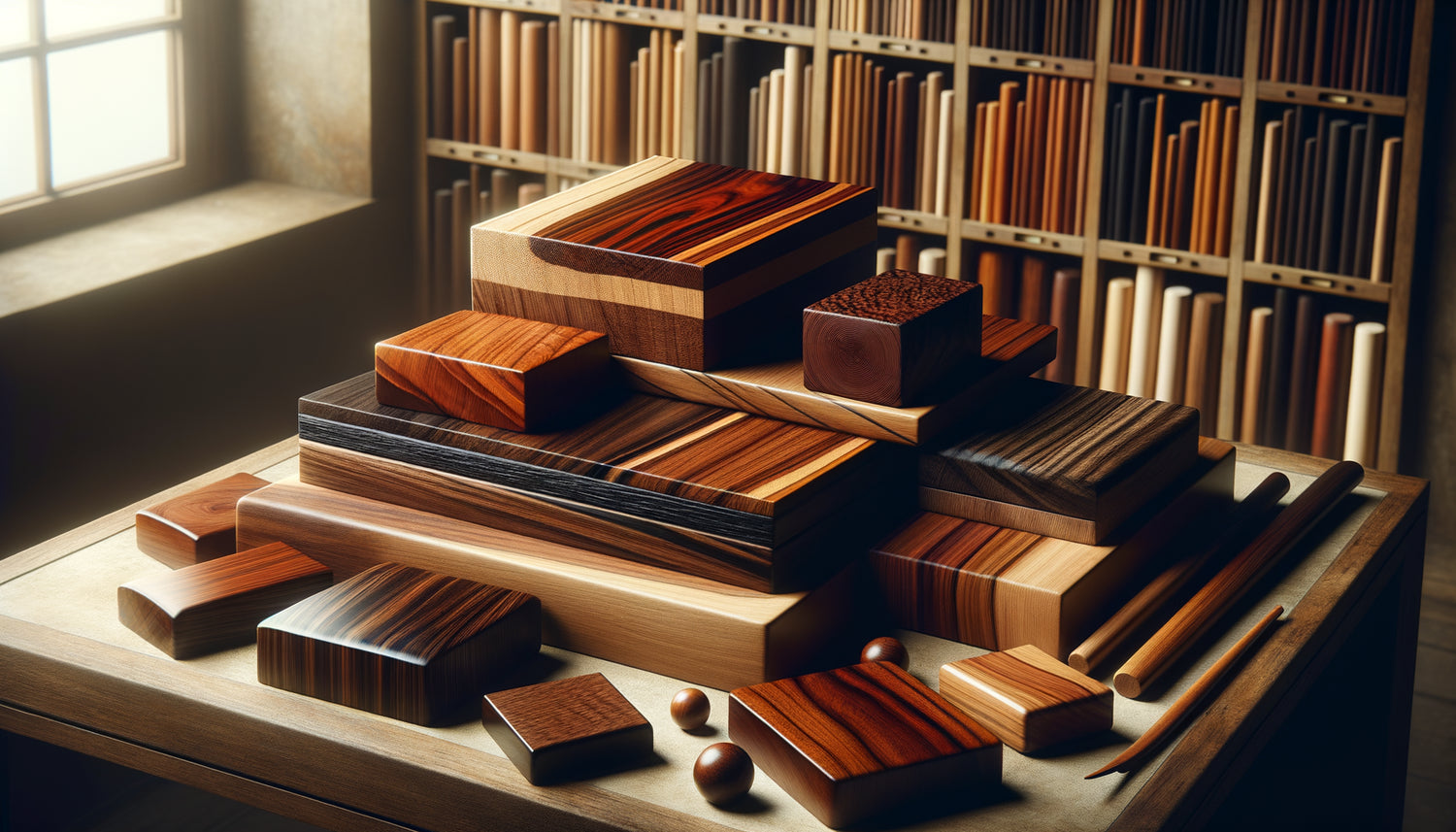 Échantillons de bois exotiques précieux - teck, wengé et palissandre - montrant textures naturelles et finitions protectrices de qualité muséale