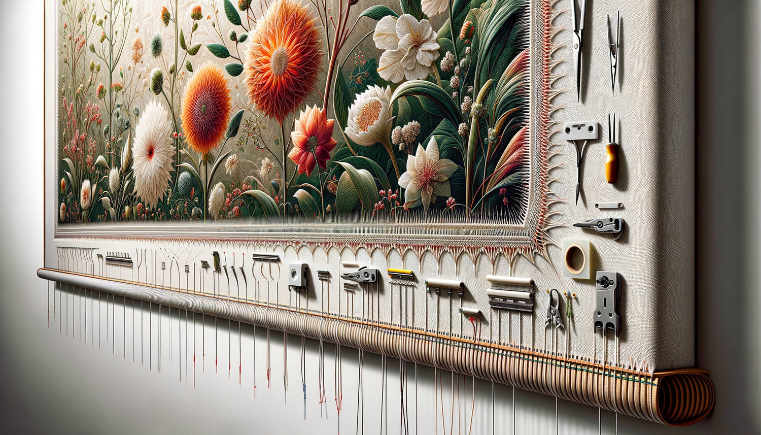 Gros plan détaillé sur différentes techniques de finition des bords d'une impression textile murale : surpiqûre, thermocollage et ourlet