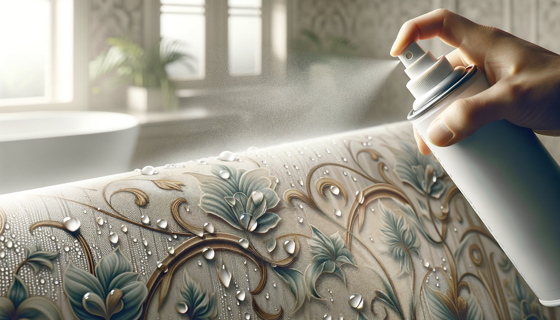 Application de traitement hydrofuge par spray sur papier peint décoratif dans salle d'eau moderne, effet perlant visible