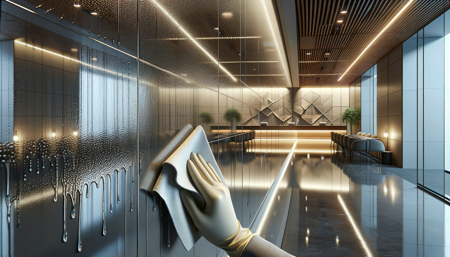 Gros plan sur un décor mural protégé par traitement de surface dans une réception commerciale moderne, nettoyage en cours