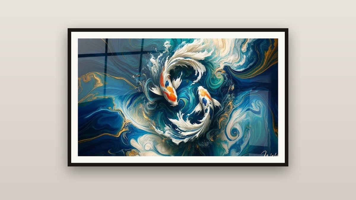 Tableau encadré sur un mur : Danse des Koi