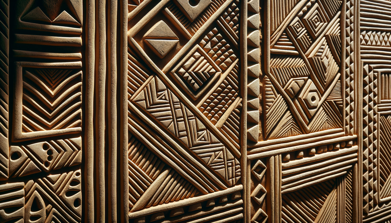 Décoration murale traditionnelle kassena du Ghana avec motifs géométriques incisés en tramage dans l'argile