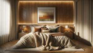 Chambre moderne transformée avec éclairage indirect chaleureux, textiles douillets et art mural minimaliste, atmosphère cocooning accessible