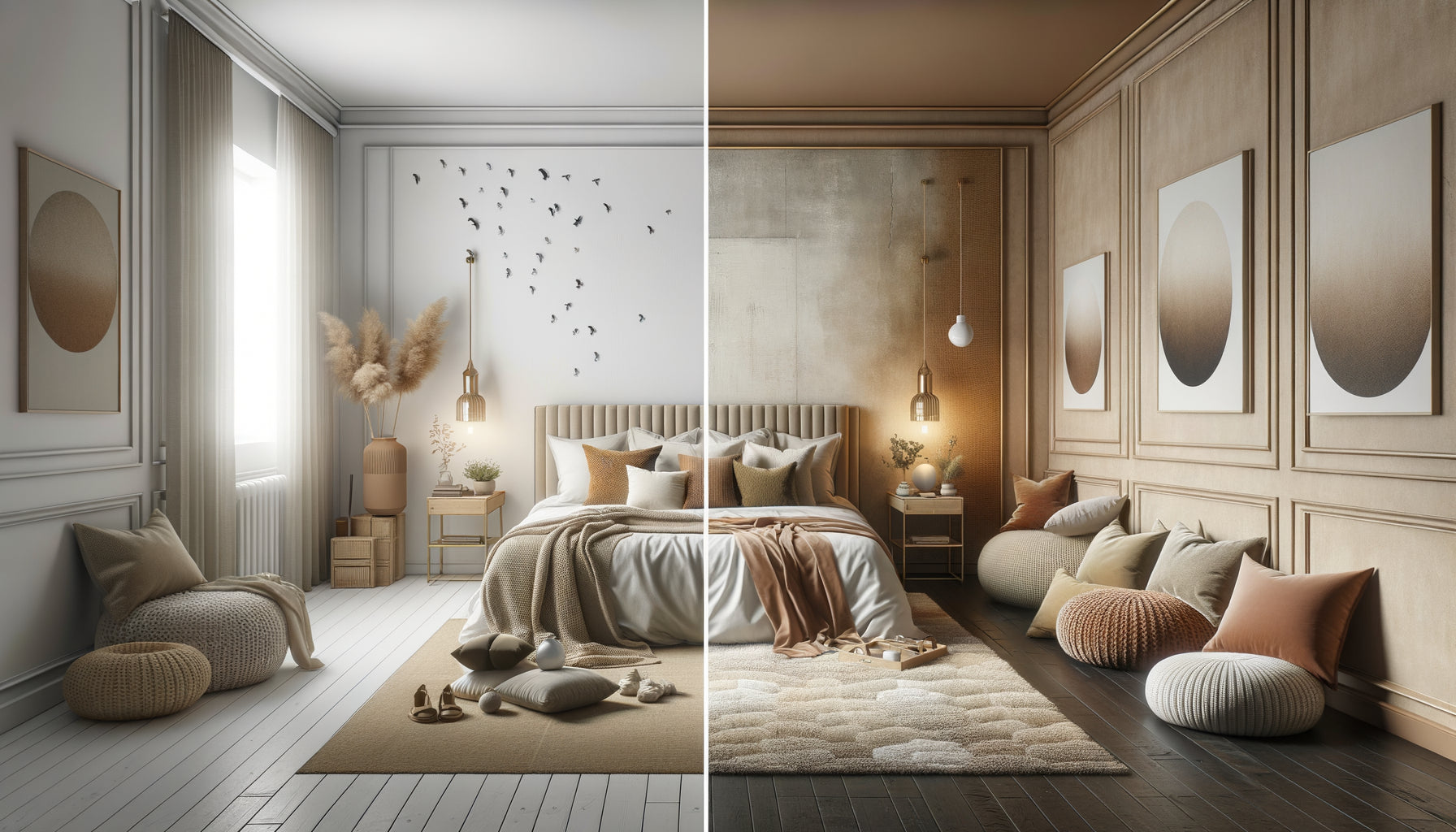 Transformation avant-après d'une chambre fade en cocon chaleureux avec textiles et éclairage douillet