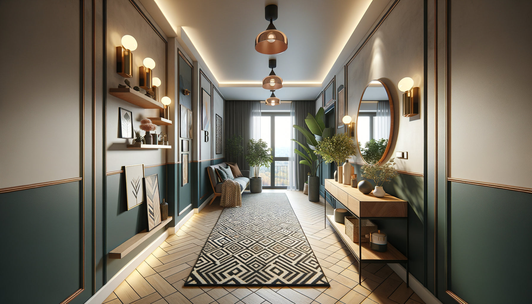 Couloir d'appartement moderne transformé en espace déco avec peinture murale, éclairage design et accessoires tendance
